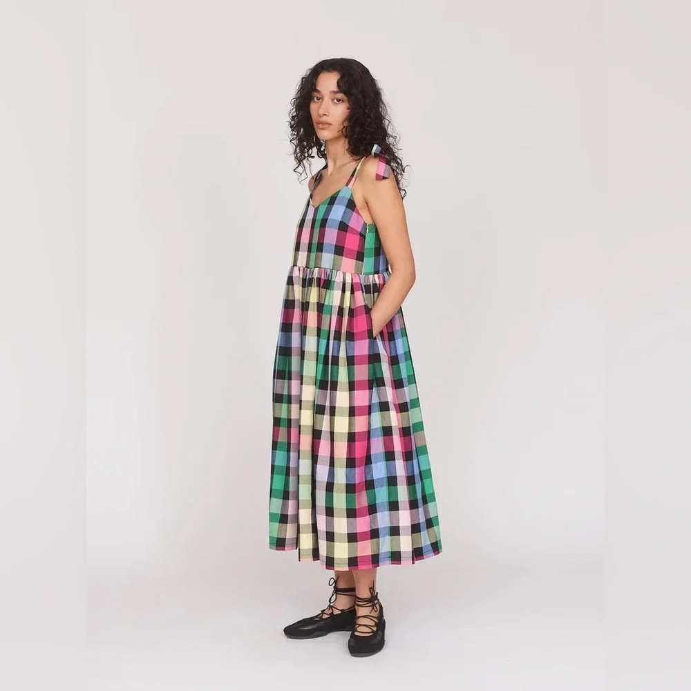 Lazy Oaf Checkmate Bow Strap Dress Rainbow Checkered L NWT Sold Out - Picture 3 of 15